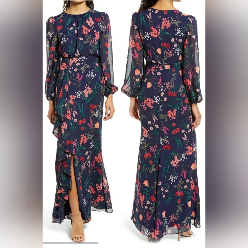 ELIZA J Floral Cascade Ruffle Long Sleeve Dress